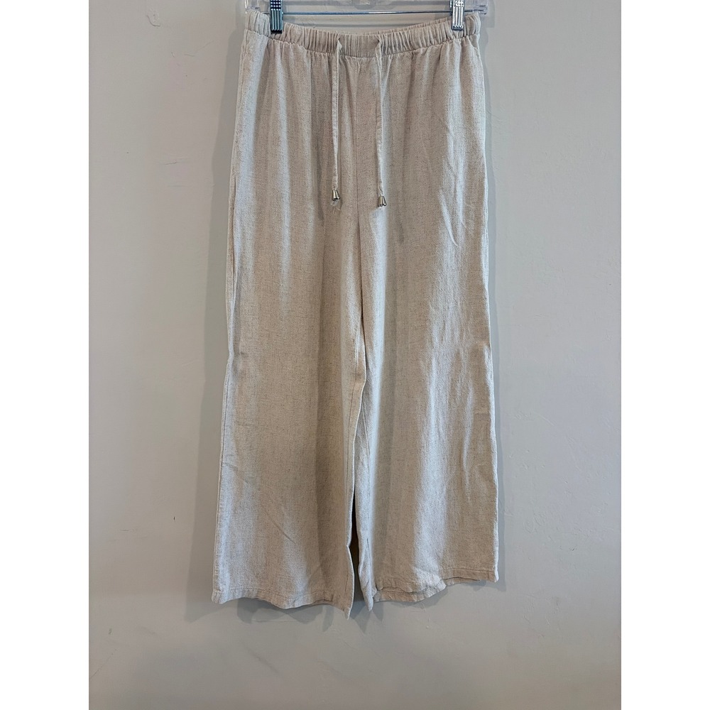 Linen Blend Wide Leg Drawstring Pants Oatmeal Beige Medium